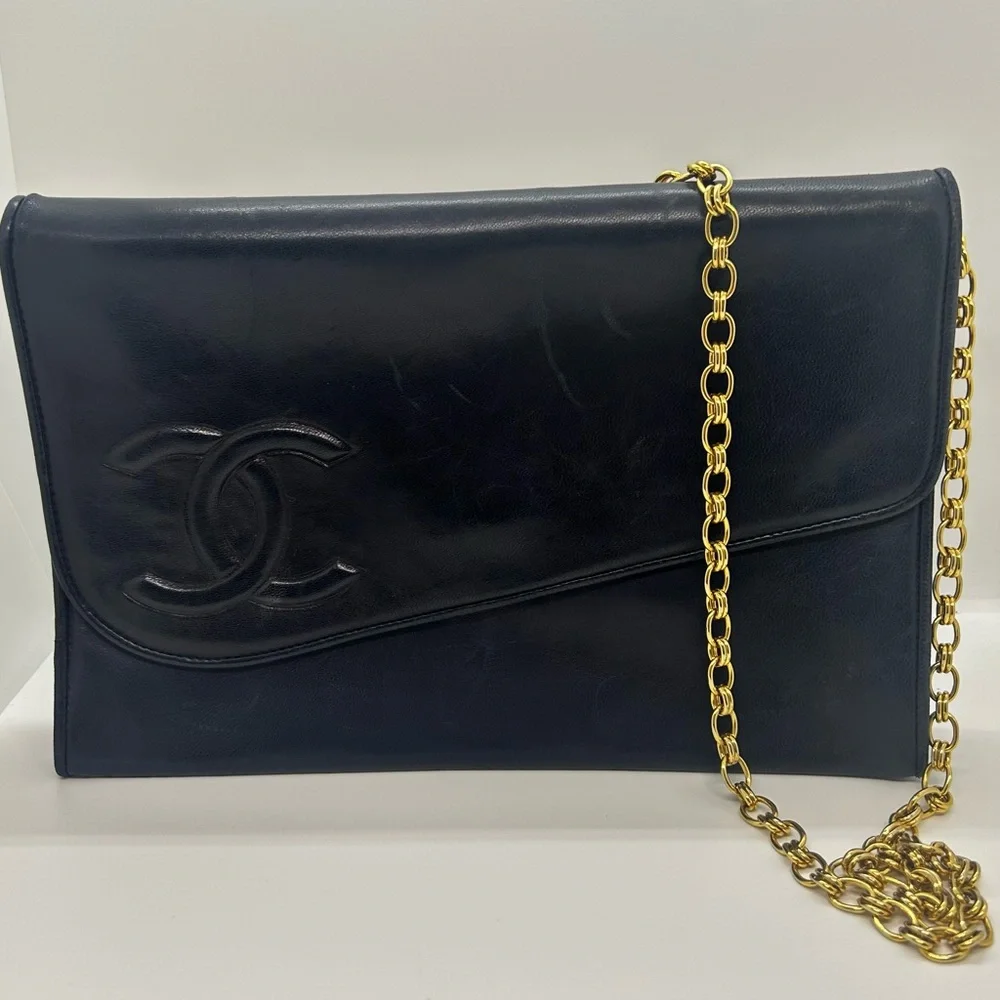 CHANEL Vintage Coco Mark Chain Navy Blue Lambskin Gold Chain Bag